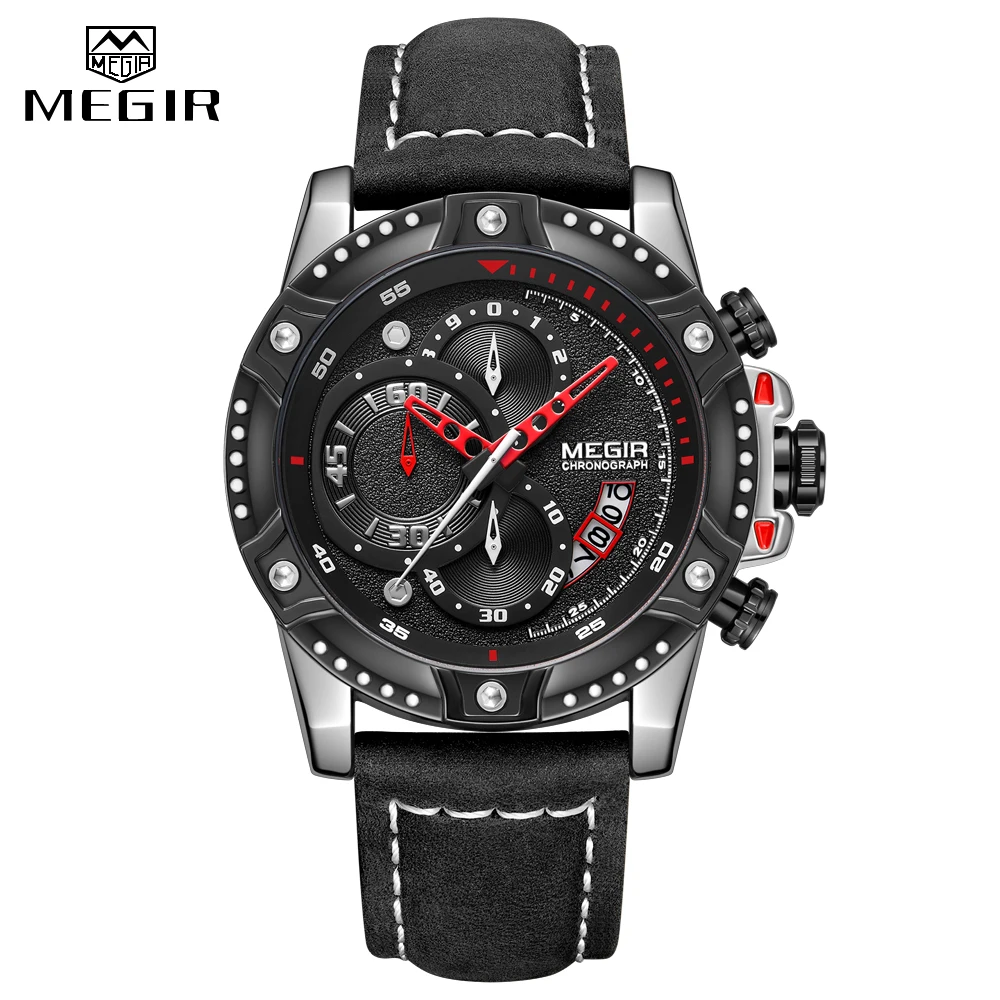 Black Новые мужские часы MEGIR спортивный кожаный ремешок кварцевые часы модные роскошные Брендовые мужские водонепроницаемые часы многофункциональные наручные часы - Цвет: Black