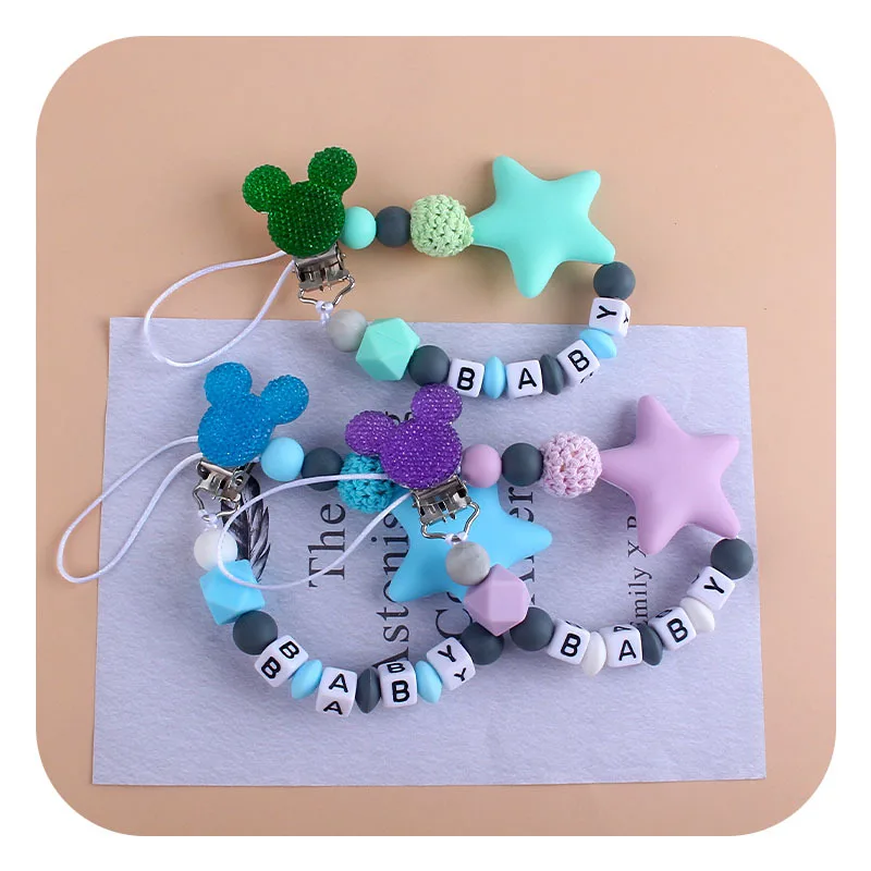 Cadena con clip para chupete de beb&eacute;, chupete con nombre personalizado, cuentas de dentici&oacute;n de silicona, regalo de cumplea&ntilde;os de beb&eacute;, Mickey-4