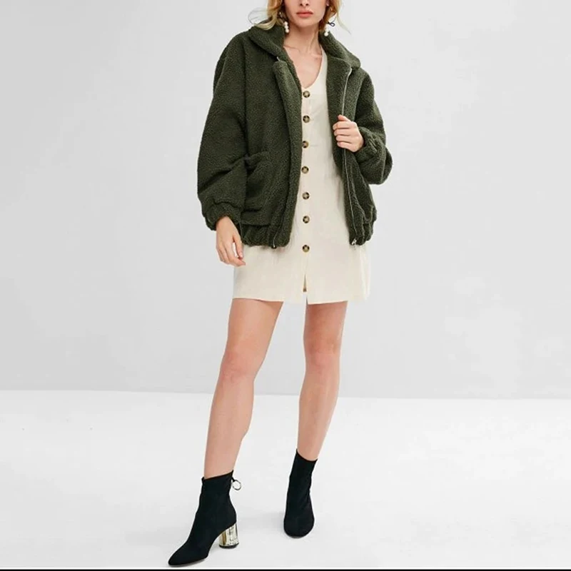 Женские плотные пальто на молнии теплые однотонные куртки с длинными рукавами и