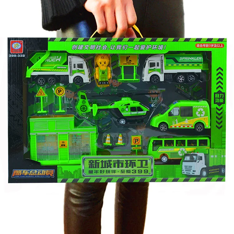 

Children's Neutral Pull Back Toy Cars Model Large Gift Box Sanitation Truck Engineering Vehicle Military Fire Ladder Truck Set