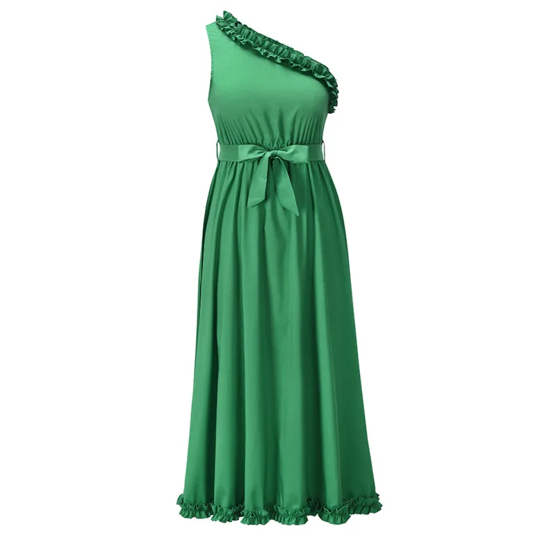 

2021 Summer New Women Sexy Strapless Elegant One Shoulder Bandage Dress Ruffles Solid Casual Beach Vestidos