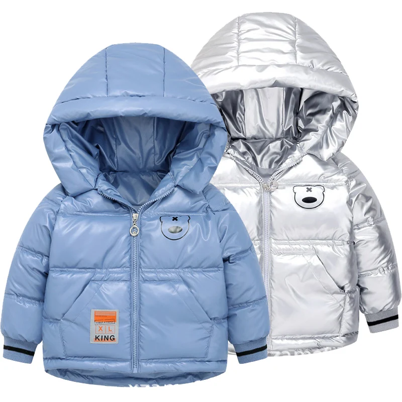 

Осенне-зимняя пуховая куртка для маленьких мальчиков 1-8 лет, однотонное блестящее плотное пальто с капюшоном и мультяшным принтом медведя д...