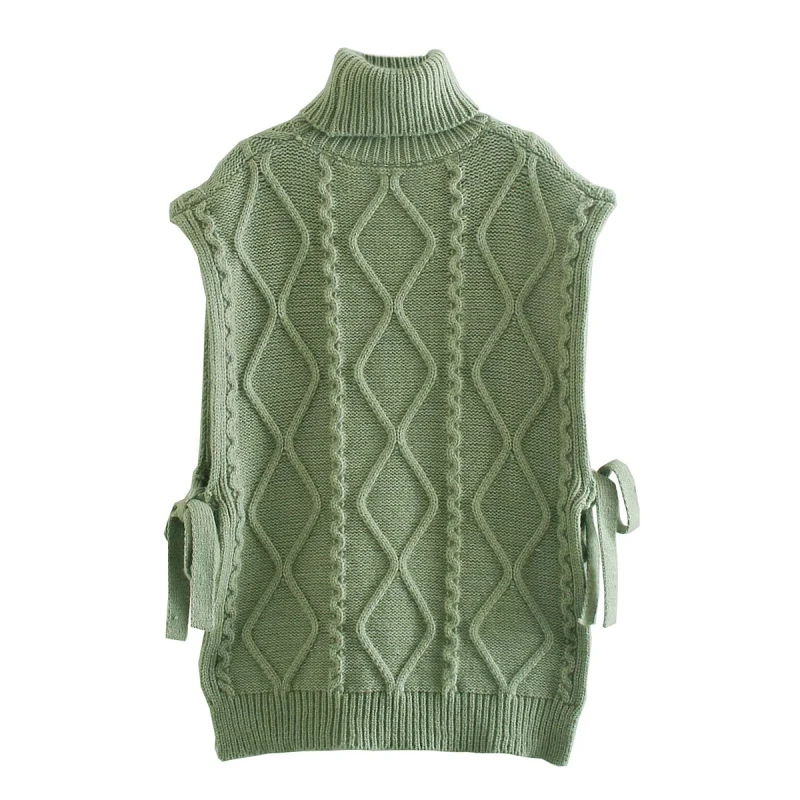 

ZXQJ New Women Cable-Knit Sweater Vest Turtleneck Jumpers Thick Solid Knitwears Female Loose Vintage Chic Pullover Top