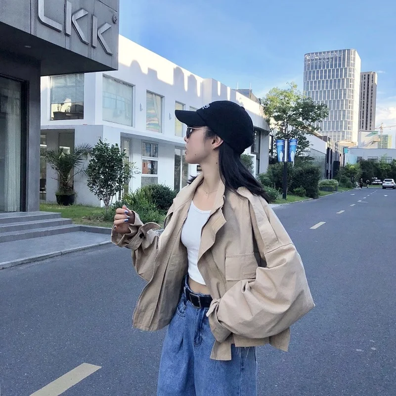 Woherb короткая куртка женская бомбер с длинными рукавами Harajuku негабаритная