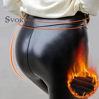 svokor sexy women leather leggings winter warm pu leggings thick black high waist leggings solid color slim fit trousers