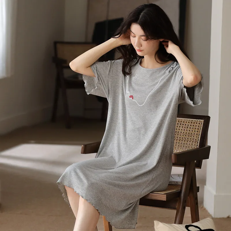 Modal Nightdress Women's Summer Nightwear Short Sleeve Simple Loose Casual Thin Nightgown Size Household Clothes Sleepwear