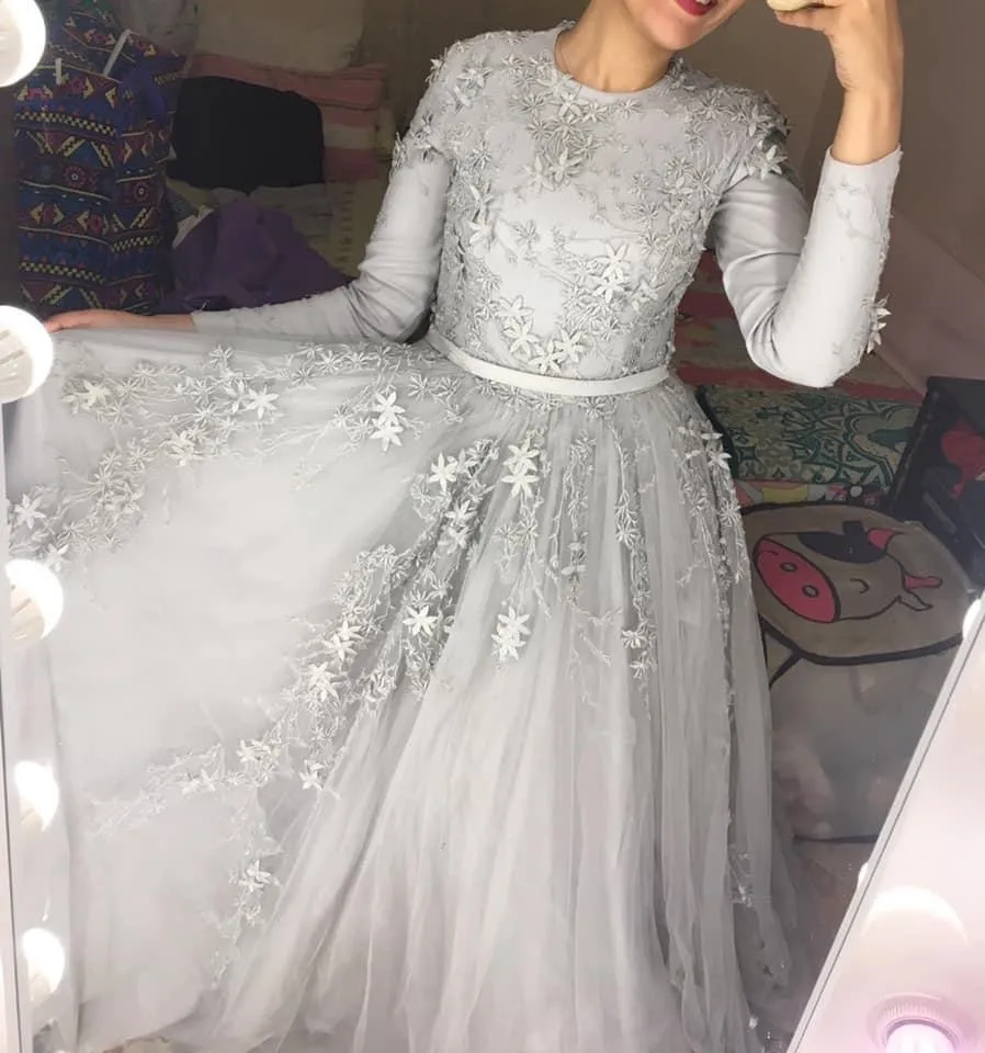 2020 Aso Ebi мусульманские серебряные кружевные вечерние платья с длинным рукавом