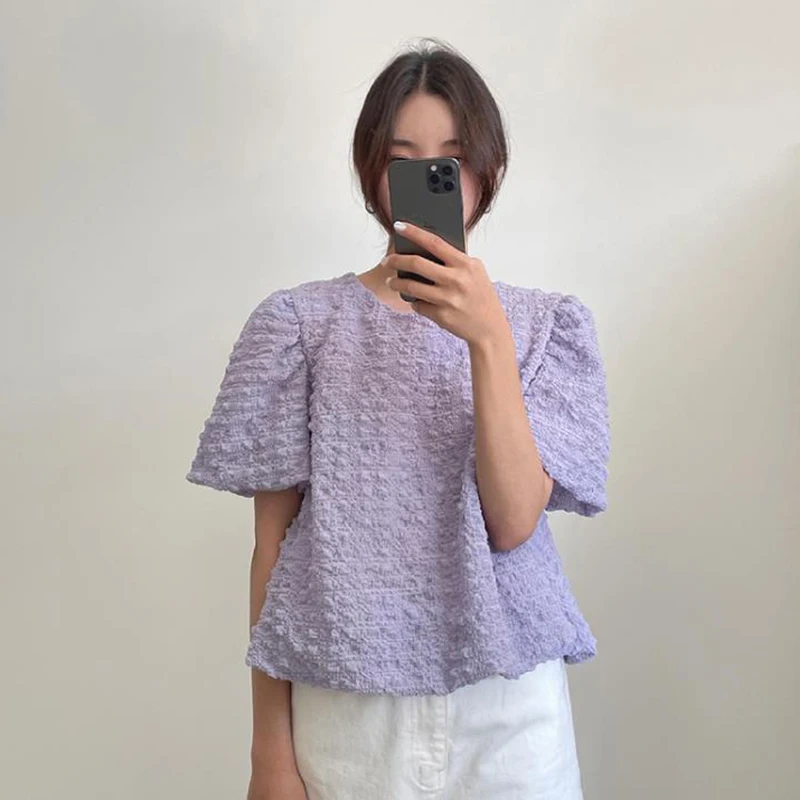 

Блузка женская плиссированная с круглым вырезом, повседневная Милая рубашка с рукавами-фонариками, элегантный топ свободного покроя в Коре...