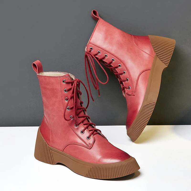 

Women's genuine leather lace-up platform flats ankle boots autumn warm plush short booties female soft comfortable punk shoes