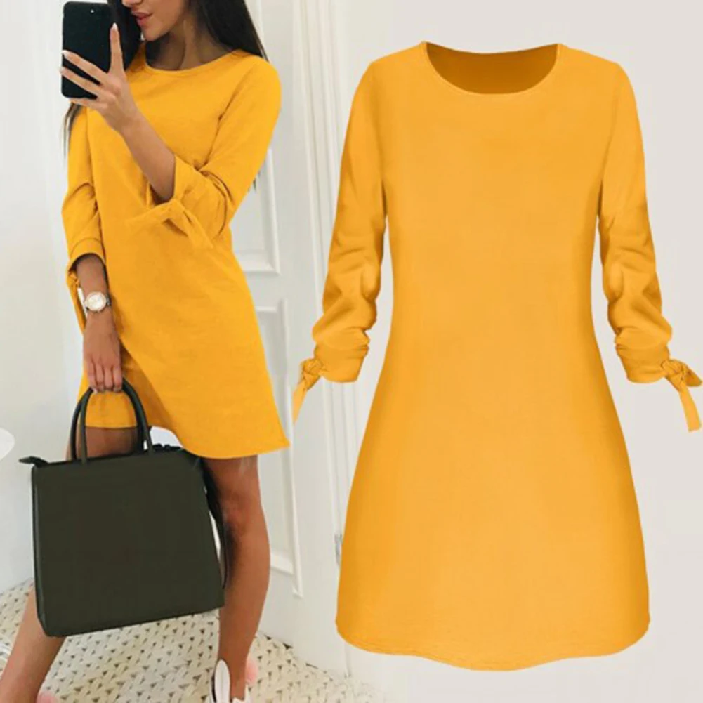 Женское однотонное повседневное прямое платье с круглым вырезом и бантом весна