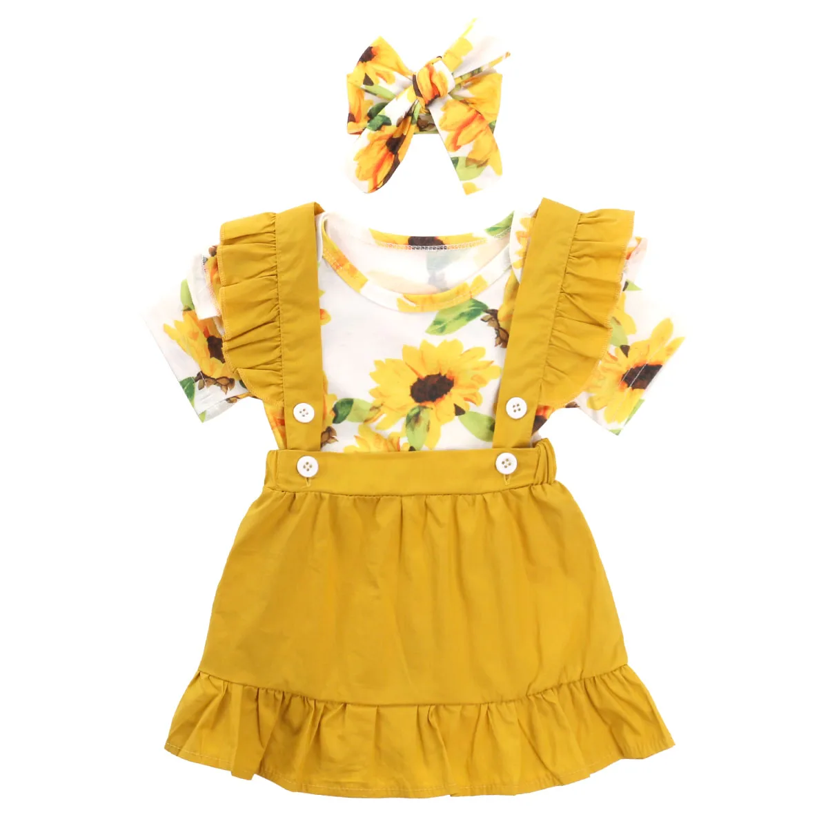 

0-24M Infant Girls Clothes Sets Sunflowers Print Short Sleeve Romper Tops Ruffles Bib Dress