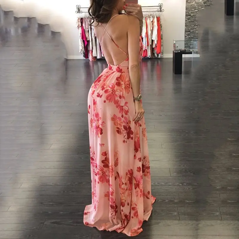 Летнее женское шифоновое макси-платье с открытой спиной Пляжное Платье в стиле