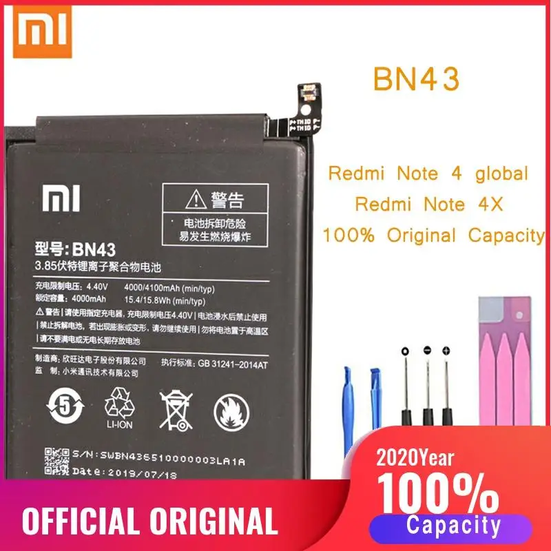 Оригинальный аккумулятор для телефона Xiomi Redmi Note 4X 3G + 32GB батарея Xiaomi hongmi 4 Global BN43