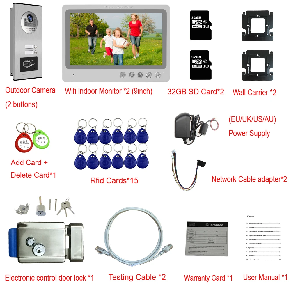 32GB Wifi 9” Video Intercom For Multi Apartments Video Goalkeeper Rfid Outdoor Camera Web Wires Connection For Home + Door Lock