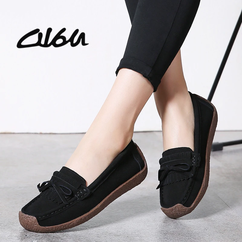 O16U Autumn Women Moccasins Women's Flats Ballet Genuine leather Shoes Woman Lady Loafers Slip On suede mocasines mujer | Обувь
