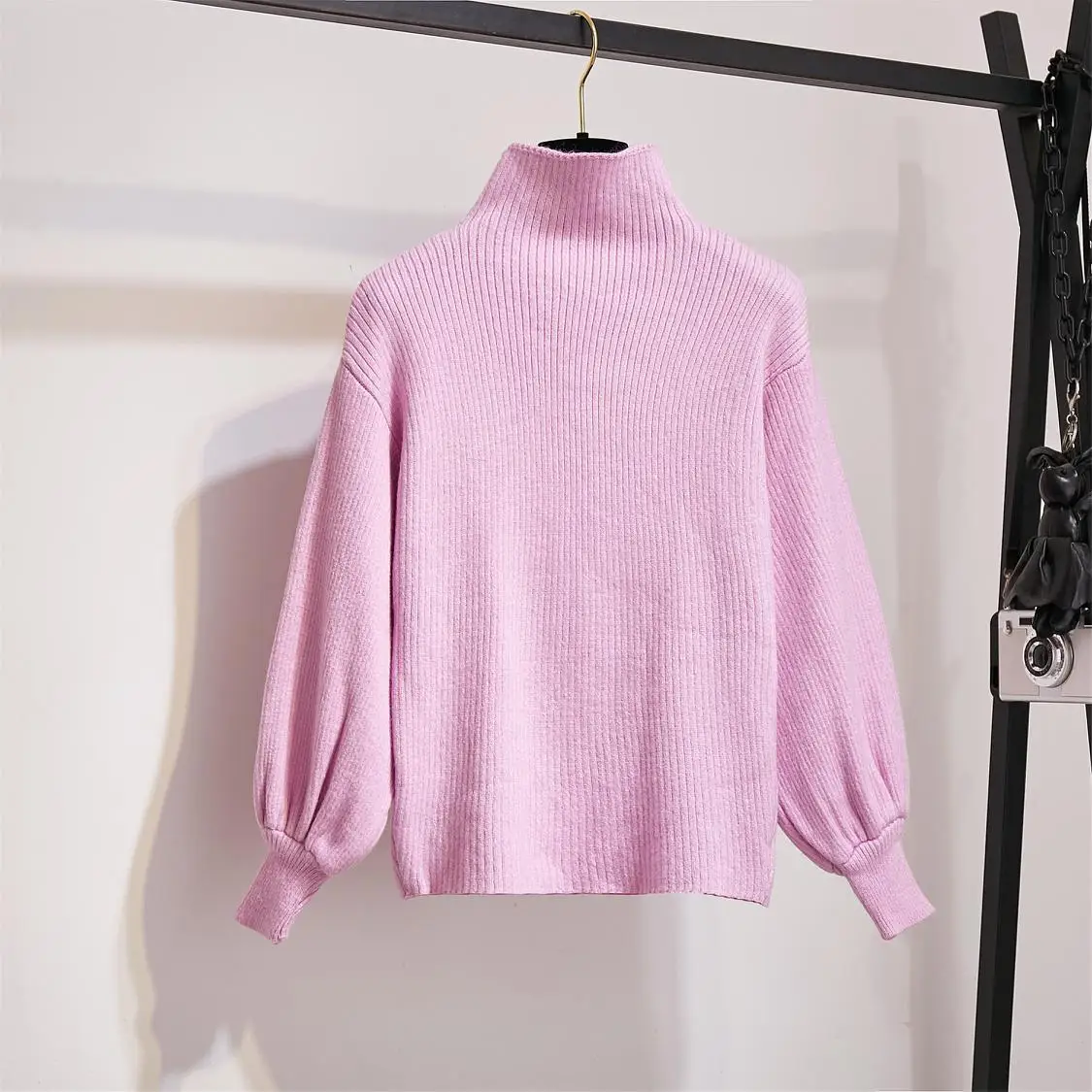 pink sweater New Winter Pullover Sweater& Woolen Cloth Lantern Sleeve Knitted Top Irregular Skirt Suit With Belt Outfit Casaul Clothes - Цвет: pink sweater