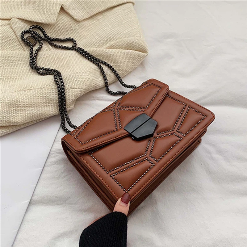 

Women Rivet Chain Shoulder Bag PU Leather 2020 Simple Plaid Fashion Lady Crossbody Bags Small Handbags