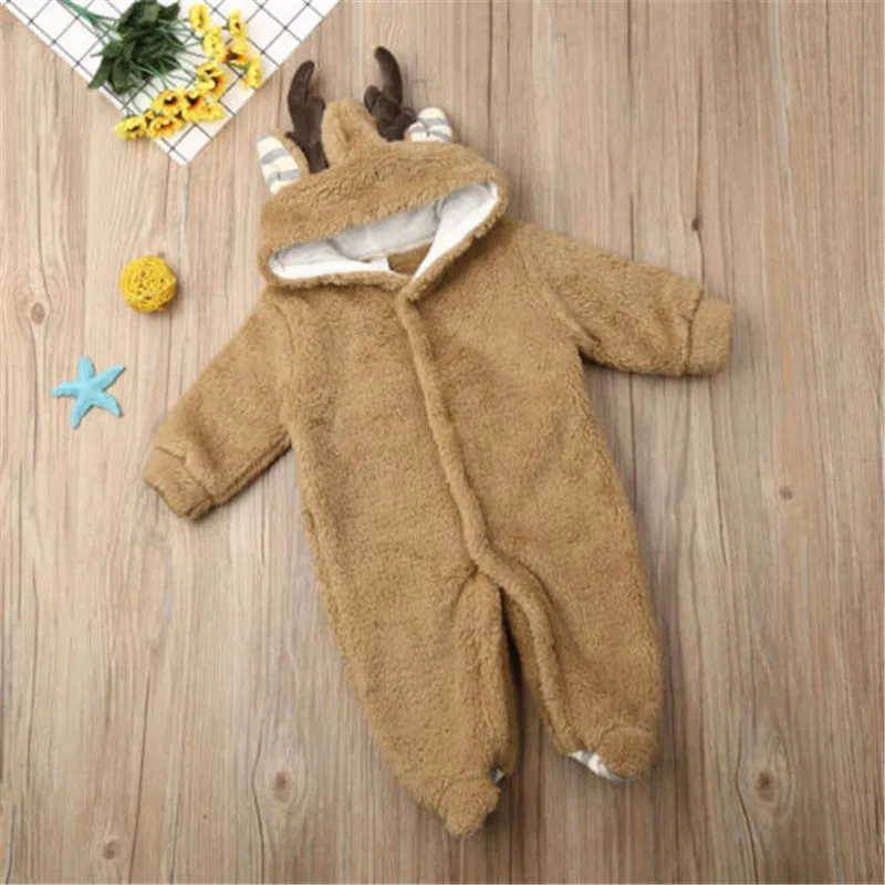 

2019 New Newborn Baby Girl Boy Clothes Antlers Hooded Romper Jumpsuit Fall Winter Warm Long Sleeve Cartoon Rompers Outfits 0-18M