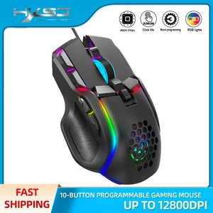 hxsj new wired usb mechanical 10 key macro definition rgb luminous gaming mouse 12800dpi office notebook pc suitable for black free global shipping