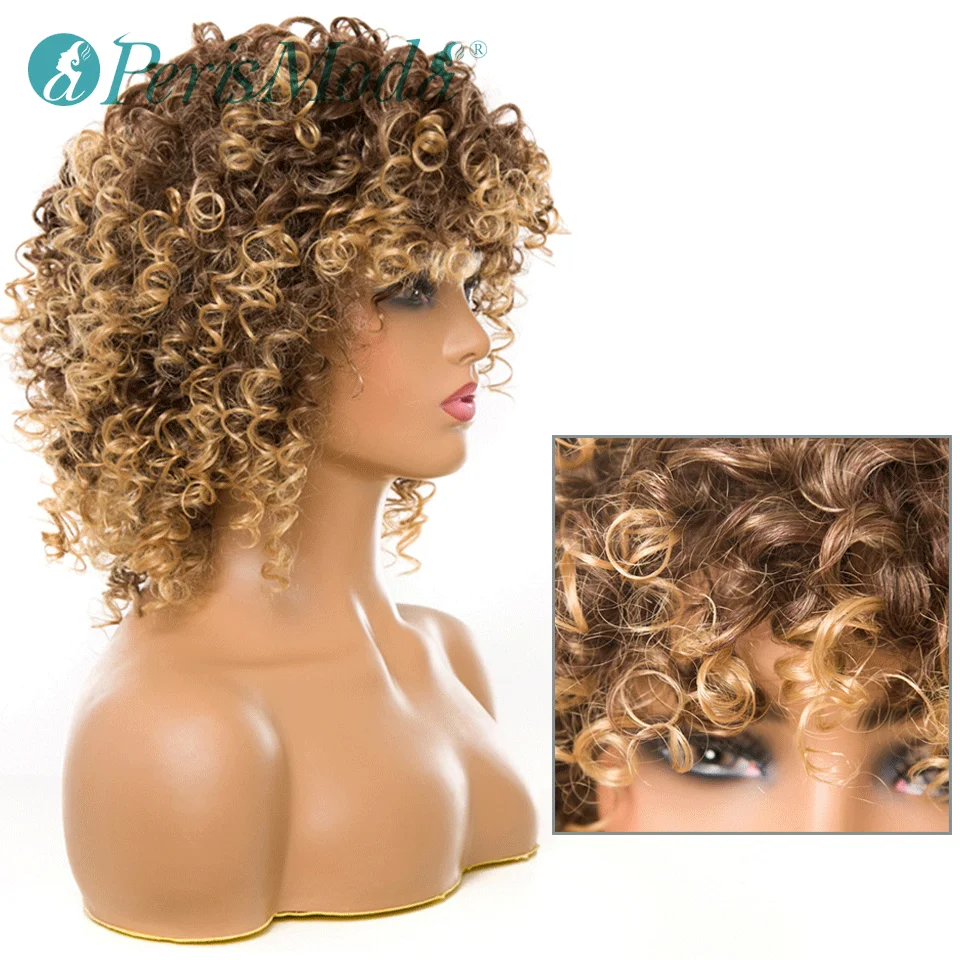 Short Synthetic Wigs with Bangs Kinky Curly Wig for Women PerisModa Mixed Brown and Grey Natural High Temperature Fiber Hair | Шиньоны и