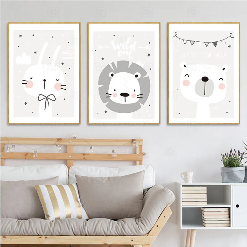 

Modern Cartoon Cute Rabbit Lion Animal Print Art Living Room Children's Room Decorative Canvas Painting Oil Painting Wall Art