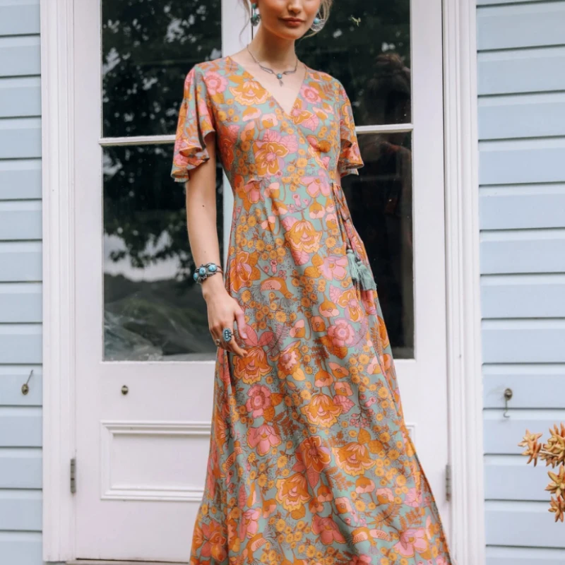 Винтажное шикарное женское платье с цветочным принтом коротким рукавом и поясом