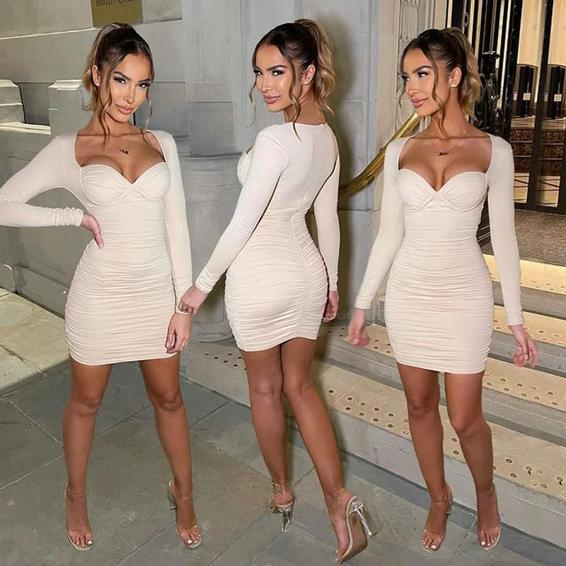 

2021 Long Sleeve Ruched Bodycon Dress Autumn Women Sexy Party Club Solid Short Mini Bustier Dresses Vestidos