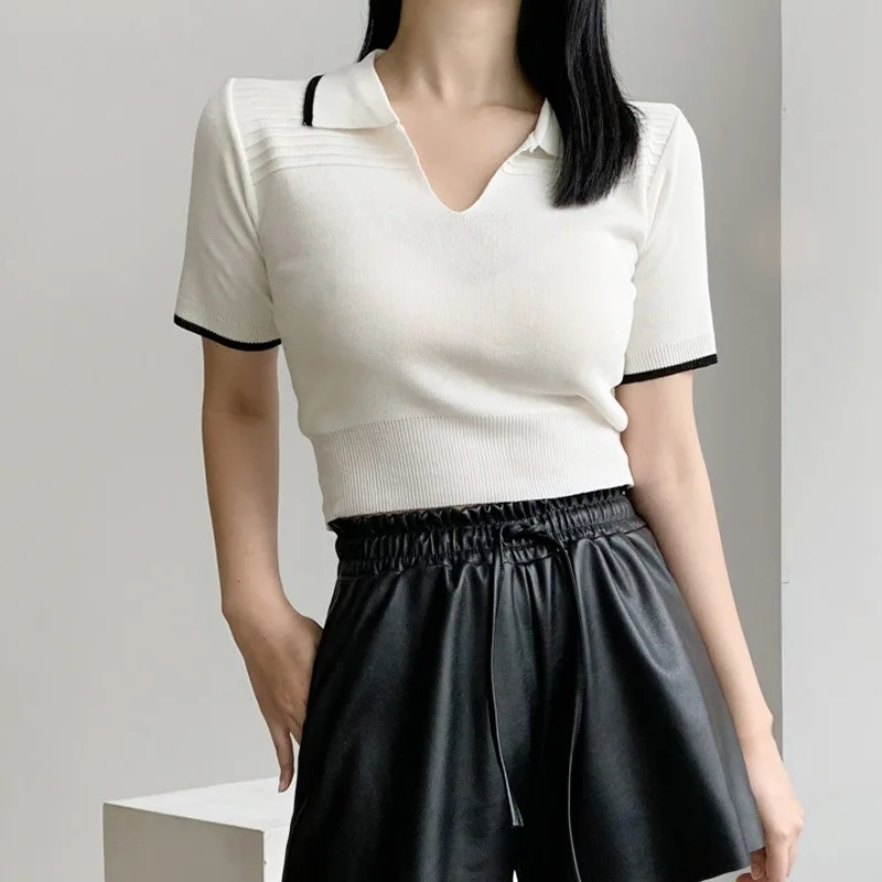 

Summer Casual T Shirts Women V Neck Short Sleeve Knitted Tee Top Streetwear Female Top