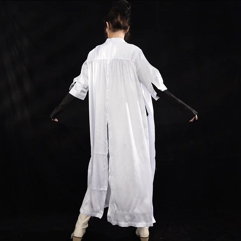 

[EAM] Women White Bandage Long Big Size Blouse New Stand Collar Long Sleeve Loose Fit Shirt Fashion Spring Autumn 2021 JU81400