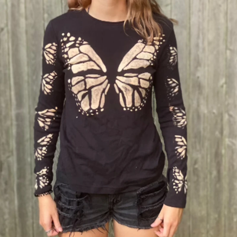 

Черная футболка с рисунком бабочки, базовые футболки Fairycore Grunge, осенняя женская укороченная футболка с длинным рукавом, винтажный Топ в стил...