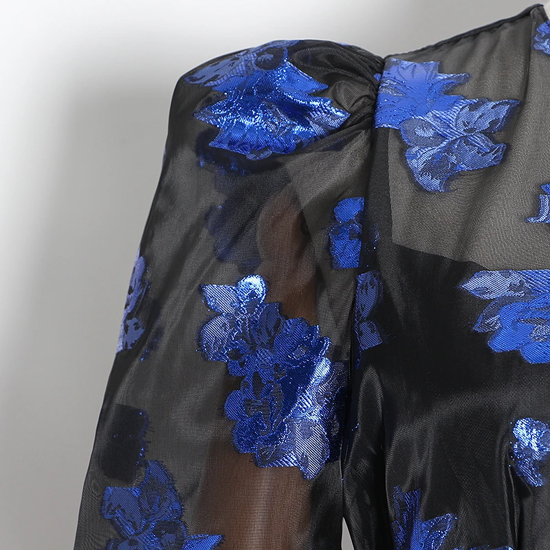 TWOTWINSTYLE Print Perspective Mesh Dresses Female O Neck Puff Long Sleeve High Waist Ruffle Mini Dress Women 2020 Clothing Tide | Женская