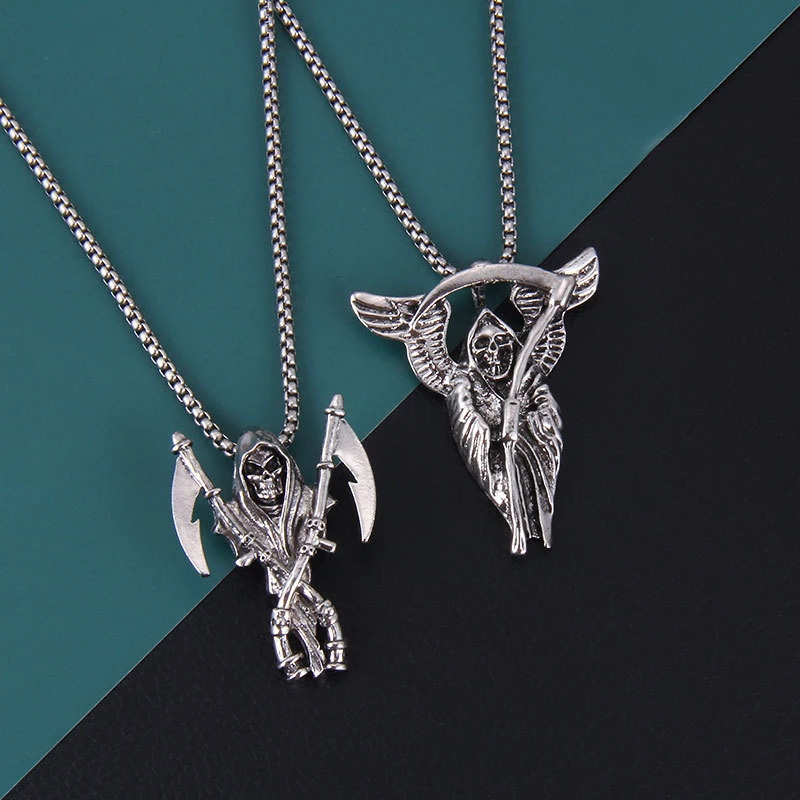 

Skull Sickle Stainless Steel Necklace Punk Hip Hop Grim Reaper Alloy Pendant Dark Black Accessories Wholesale