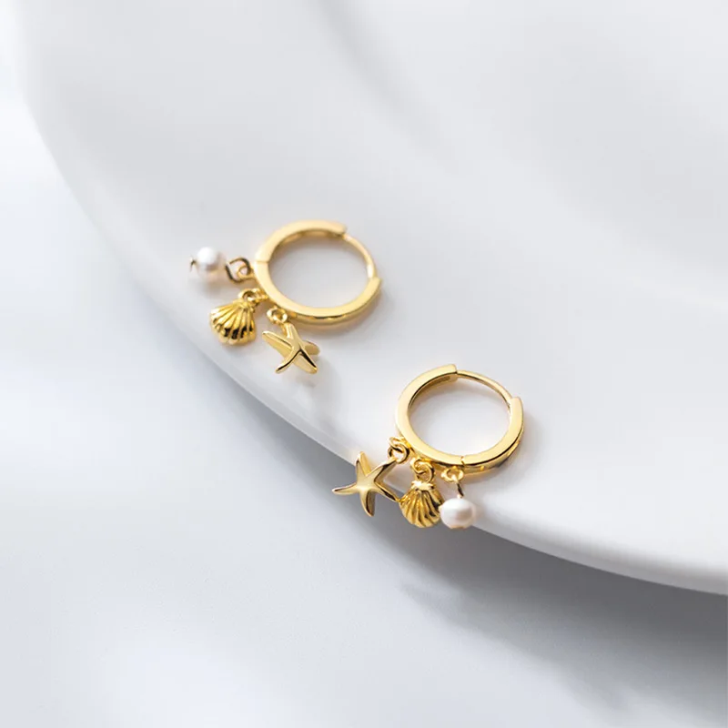 

925 Sterling Silver Circle Earrings Hoops Huggie Cute Rose Gold Starfish Shell Pearl Earrings for Women Korean Jewelry Girl Gift