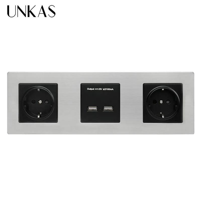 Настенная панель UNKAS из нержавеющей стали двойная розетка Евророзетка 16 А
