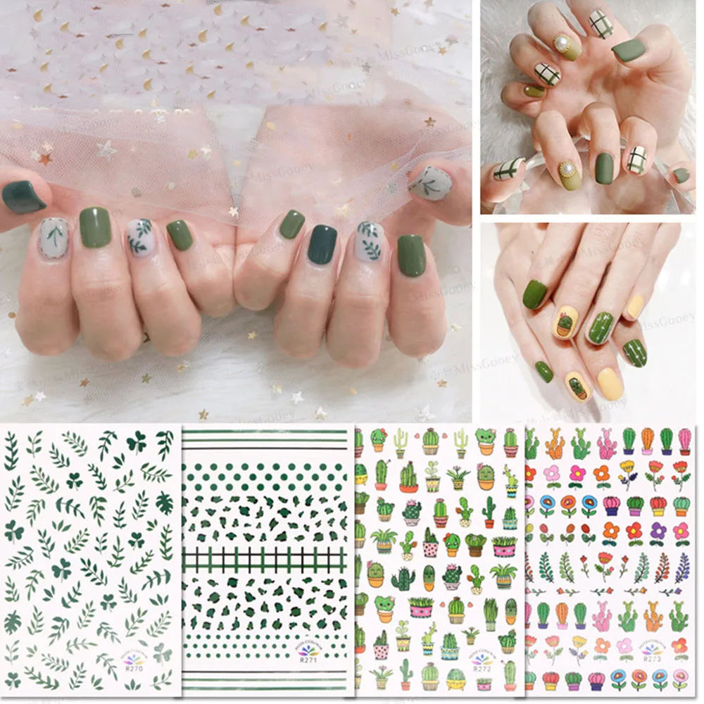 Наклейки для ногтей с зелеными листьями кактусами волнистыми точками 2019 |