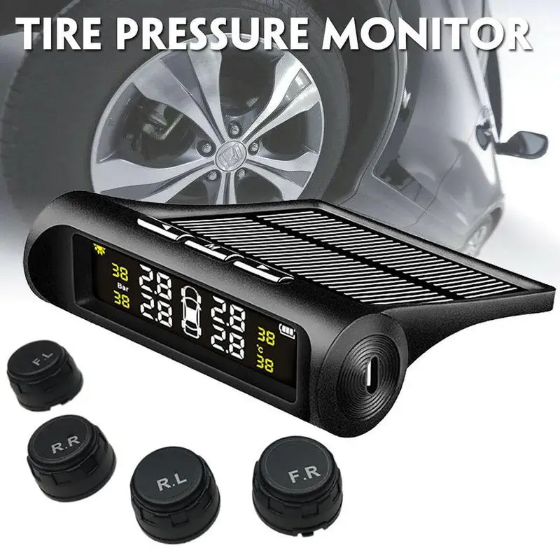 

USB TPMS Car Tire Pressure Solar Power Monitoring System LCD 4 External / Internal Sensors for SUV Temperature Warning