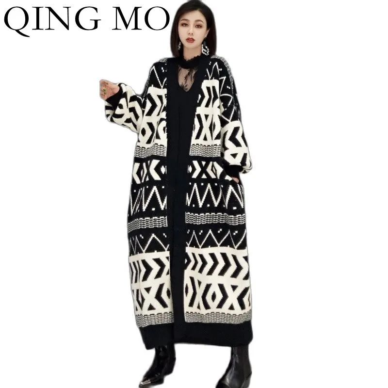 

QING MO Autumn Winter Fashion Printing Plus Size Knitted Sweater Coat Women 2021 New Loose Cardigan Sweater Long Coat ZWL1076
