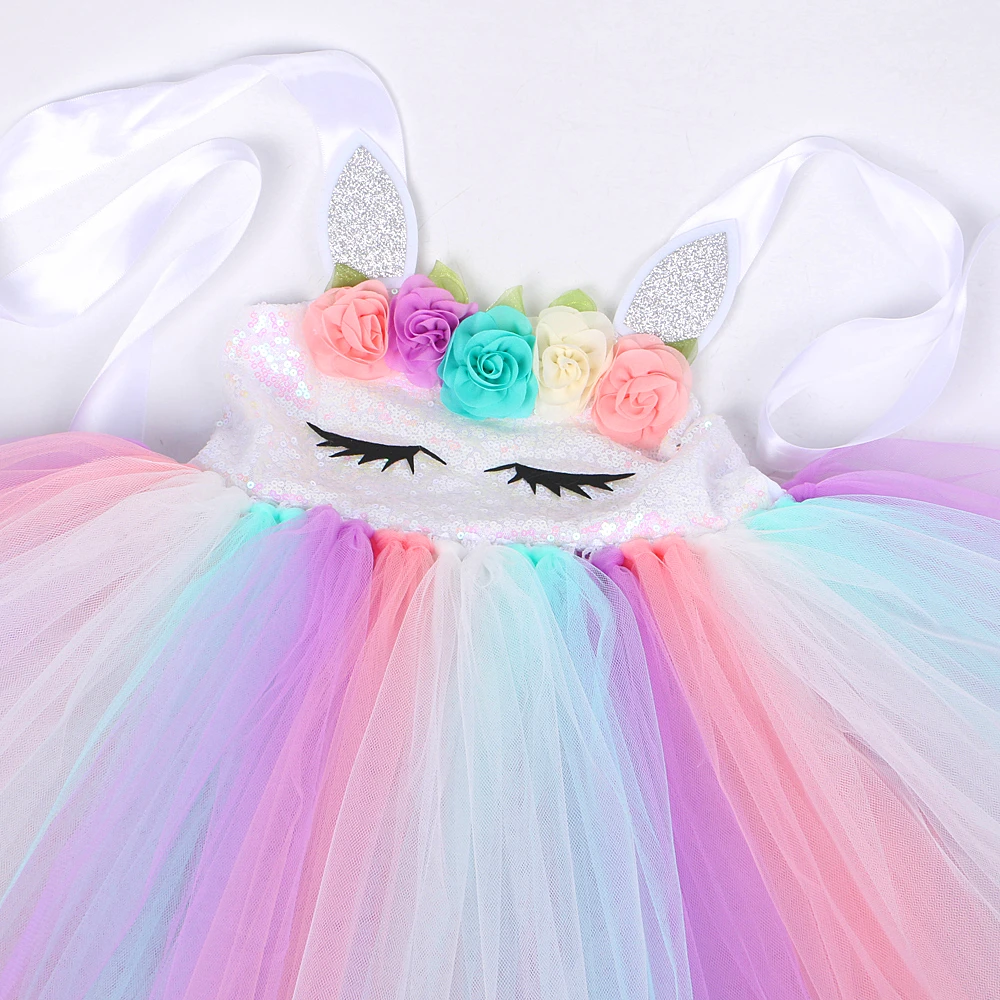 Платье с цветочным узором для девочек Единорог пастельных платье принцессы