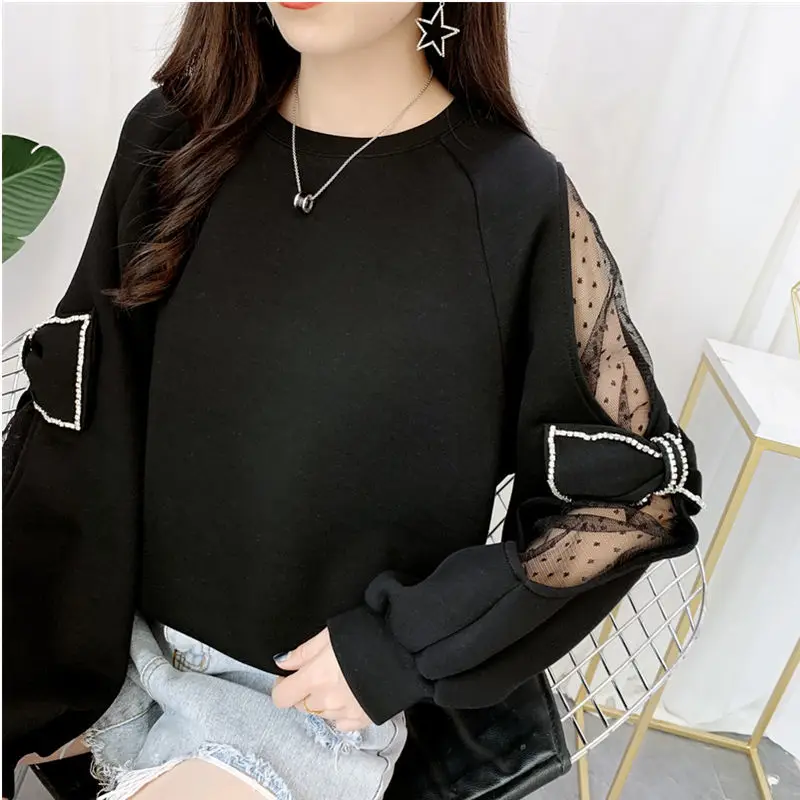 Весна-Осень 2021 Свитшот Nomikuma со стразами и бантом сетчатый пуловер в горошек с