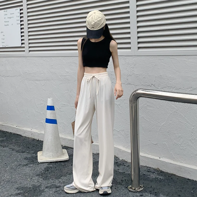 Брюки женские с широкими штанинами белые прямые тонкие штаны из вискозы