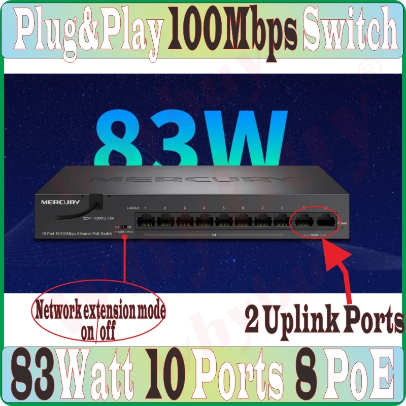 10 портов 2 порта uplink 8 poe 83 Вт 100 Мбит/с переключатель MCU PoE сетевой коммутатор Ethernet