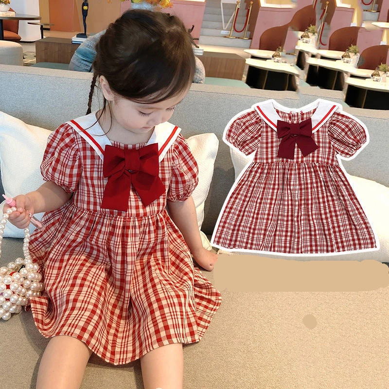 

Preppy Style Girls Dress 2021 Summer New Red Plaid Big Bow Turn-Down Collar Short Puff Sleeve Princess Kids Clothes