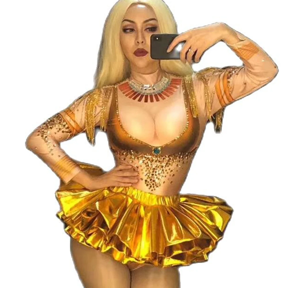 

Gold Rhinestones Sparkling Bodysuit Women Cascading Ruffle Decoration Personality Performance Costume Ladies Party Evening Wear