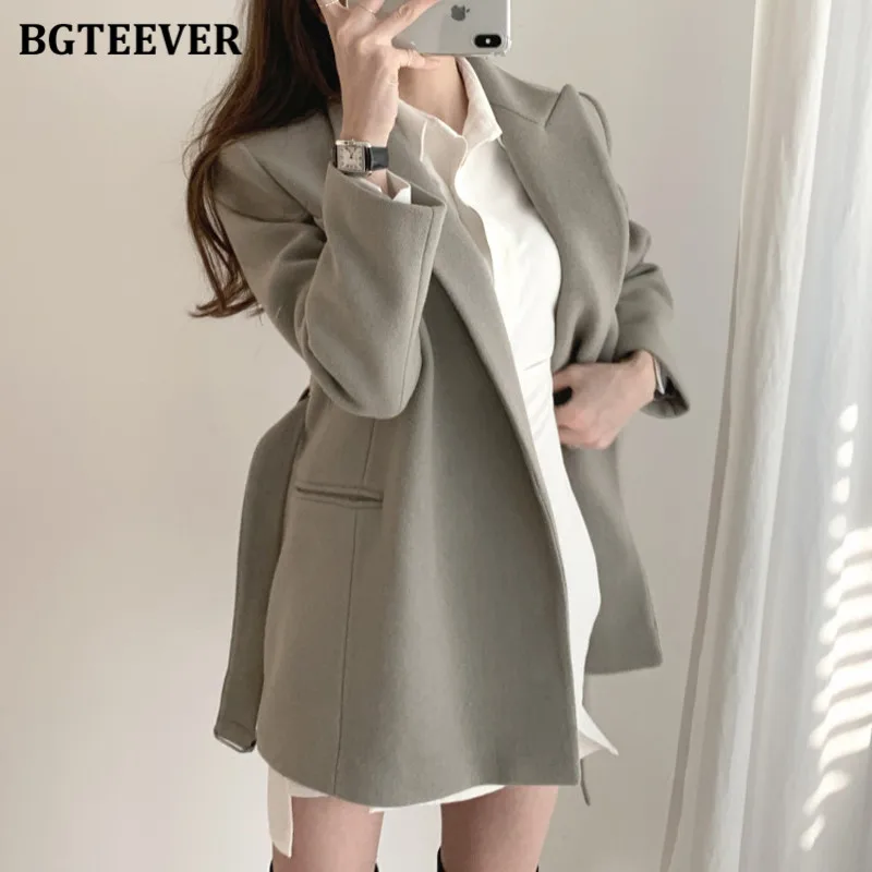 

BGTEEVER Stylish Belted Winter Women Woolen Jackets 2021 Thicken Warm Ladies Coat Full Sleeve Elegant Female Blazer Tops