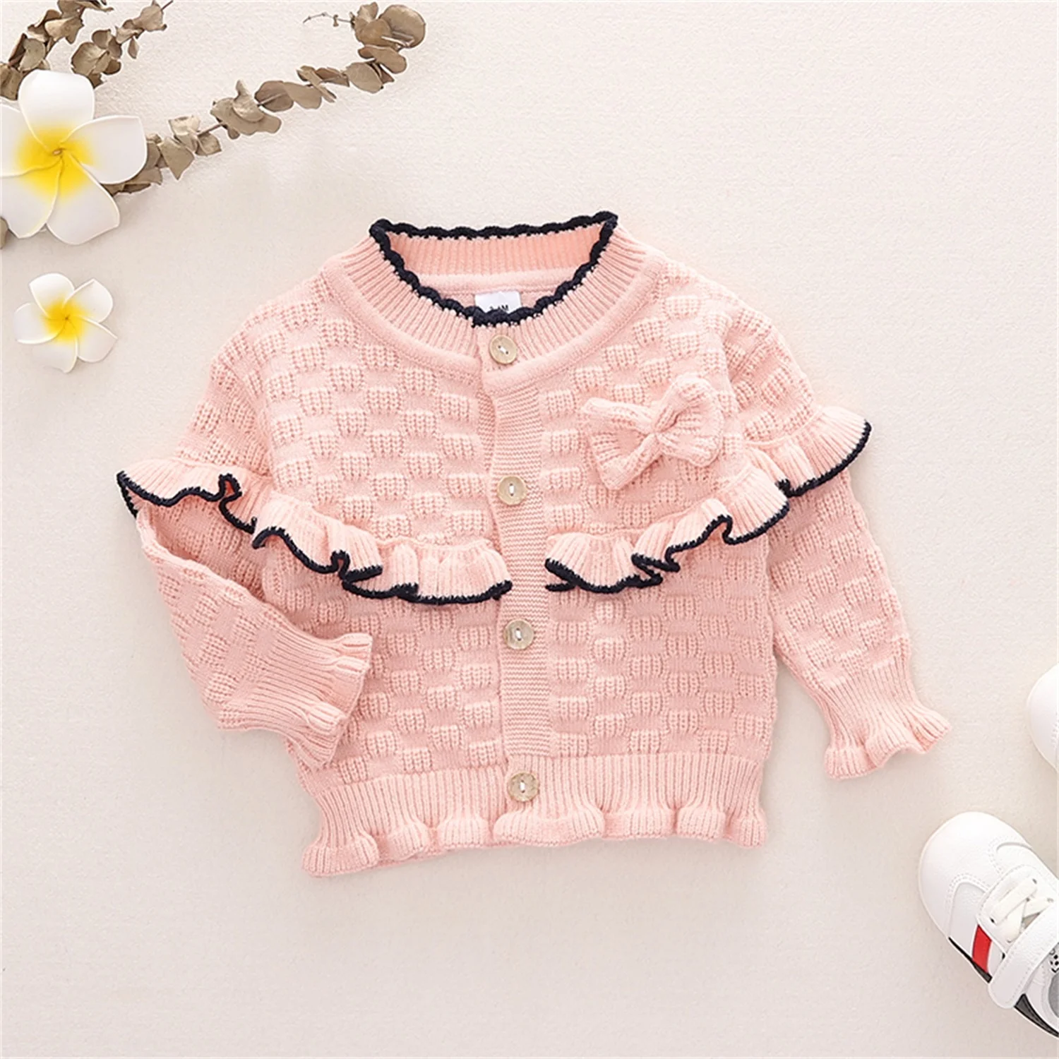 

Детский вязаный свитер с рюшами и длинными рукавами, кардиган на пуговицах, 2021