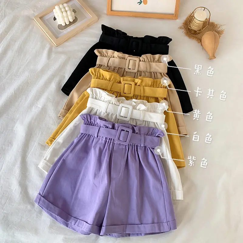 

2021 Summer Ladies Solid Casual Short Pants Elastic Plus Size High Waist Wide Leg Yellow Black Women Shorts Send Belt Y858