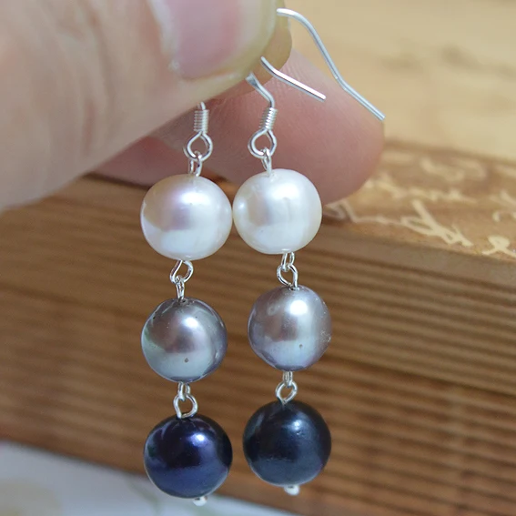 

New Unique Design Round Pearl Earrings White Gray Black Genuine Freshwater Pearls Silver Dangle Earrings Handmade Fine Jewelry