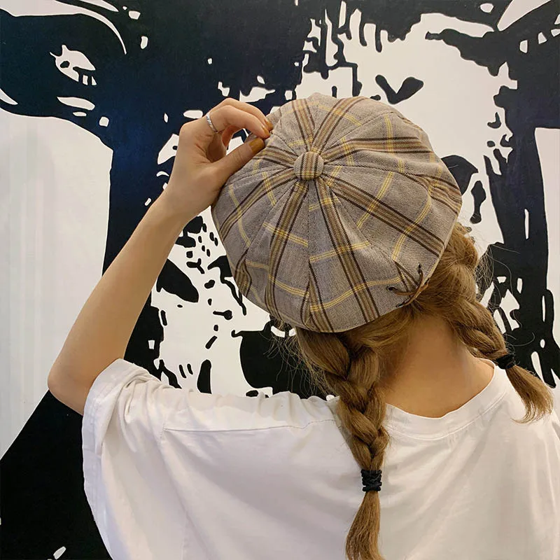 

Women Beret Spring summer Octagonal Cap Concise plaid Beret Hat Fashionable Artist Cap For Men Women