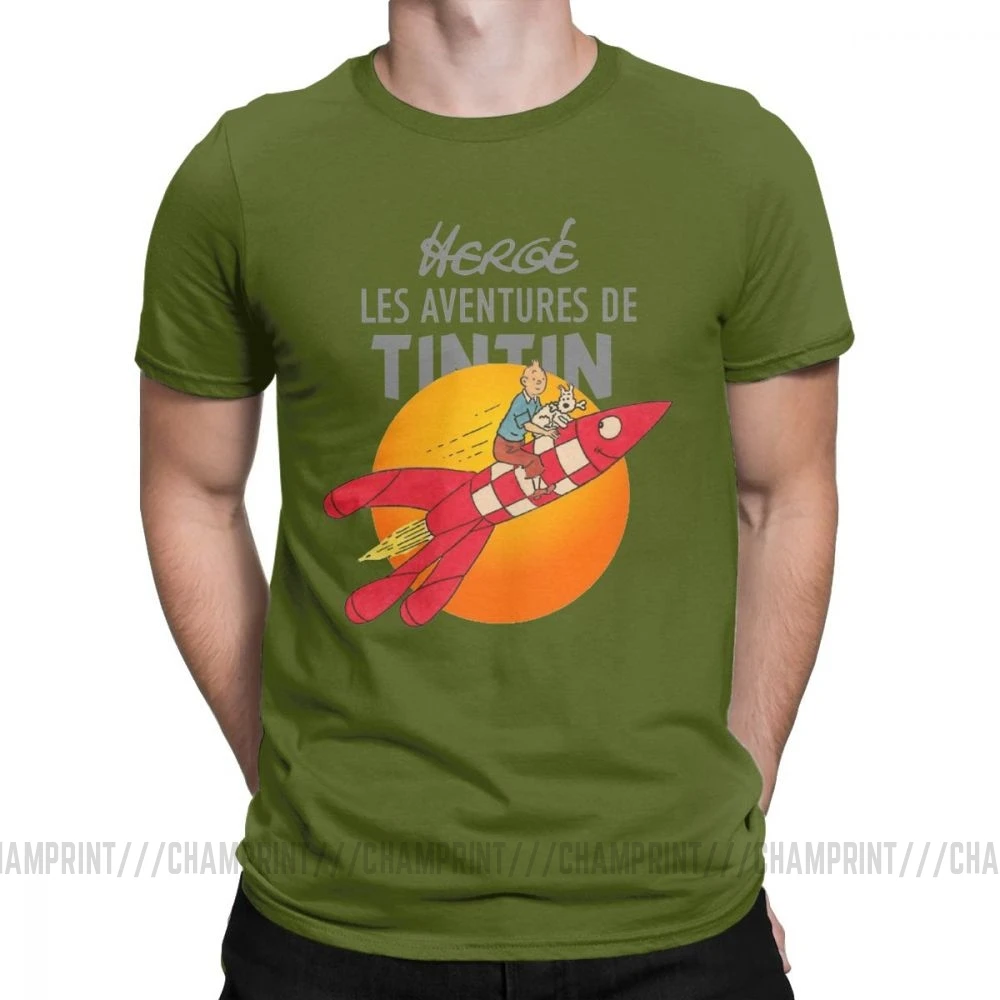 Мужские футболки TINTIN The adventures Of Tintin винтажные хлопковые футболки с коротким рукавом Одежда с вырезом лодочкой топы размера плюс - Цвет: Армейский зеленый