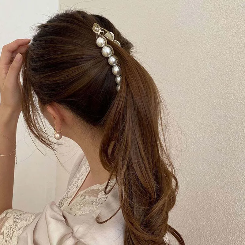 

Korean Temperament word clip headdress ins pearl banana clip vertical clip ponytail hairpin simple style hair accessories
